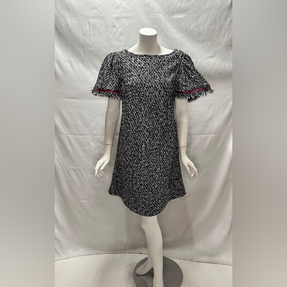 Elegant Black and White Tweed Dress with Fringe Sleeves